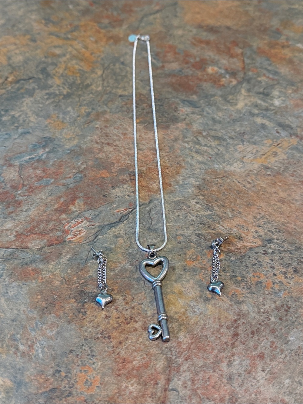 .925 Silver Heart Key Necklace and Heart Drop Earrings Set NWOT